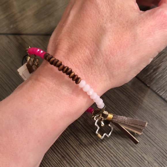 CANVAS Memory Wire Bracelet w/ Leather Tassel & Cross Charms - Picture 7 of 9